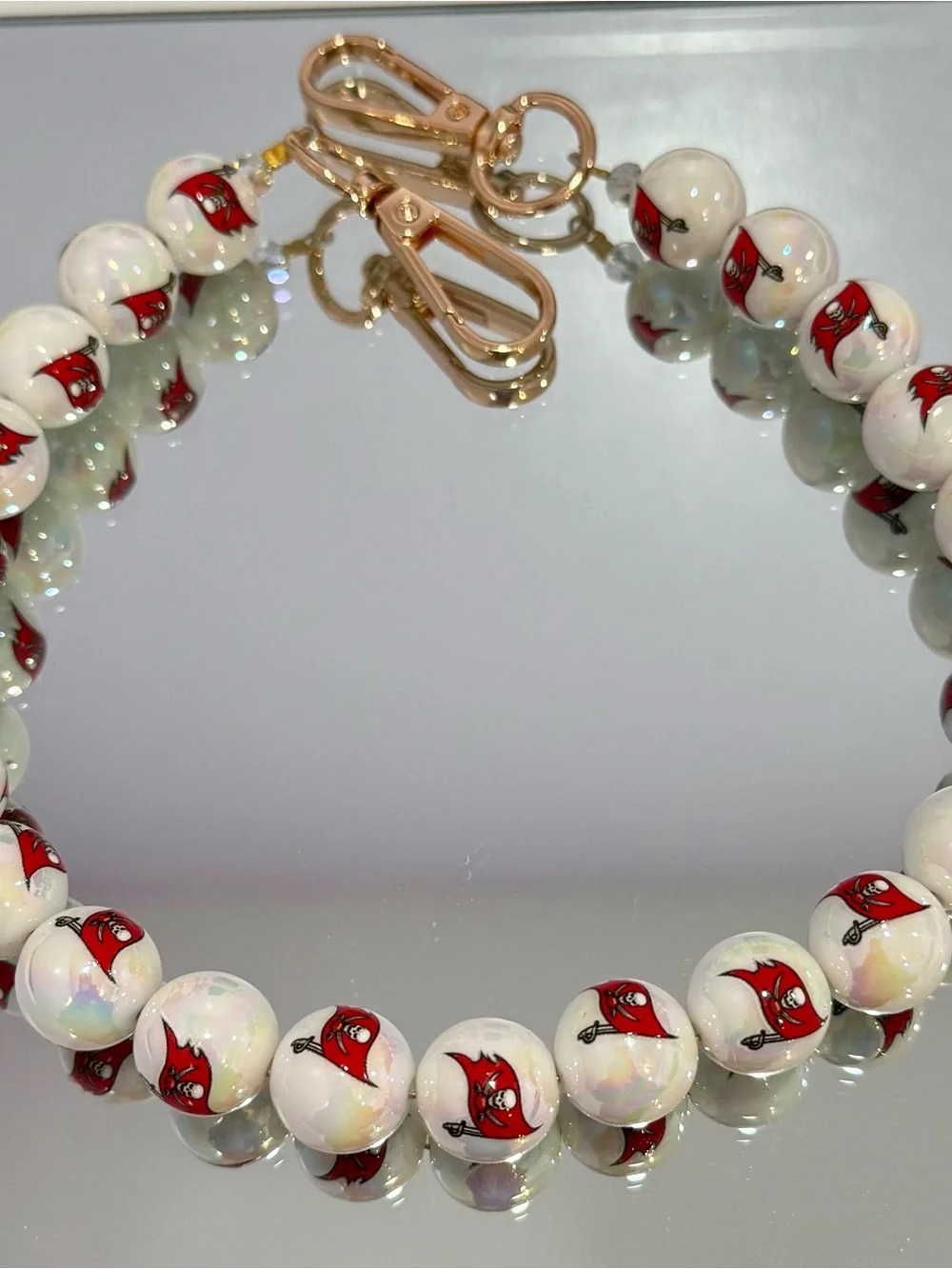 New White Beaded Tampa Bay Bucs Bag Chain 18 inches  and Gold Hardware